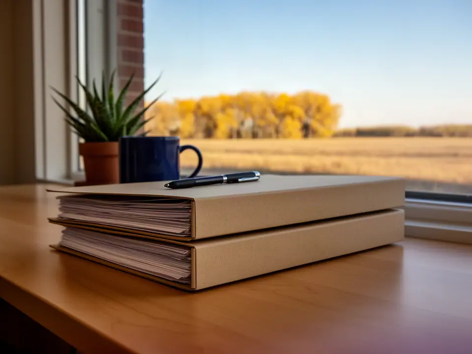 Manila folders, a pen and a navy mug by a window onto golden prairie and cottonwoods