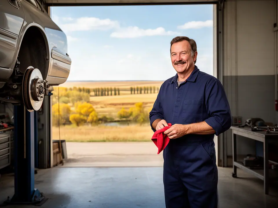 Mechanic wiping his hands beside a car on a lift, golden prairie through the bay door