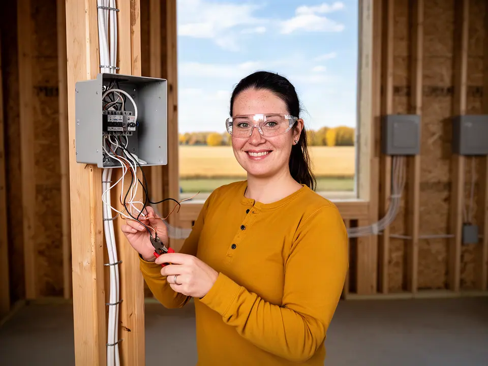 Electrician connecting wires in an open box on a stud wall of a new building, prairie through the window